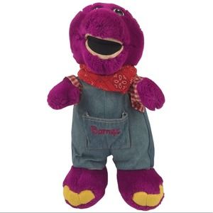 Vintage 90s Farmer Barney Plush 12'' Overalls Bandana Stuffed Animal Dinosaur